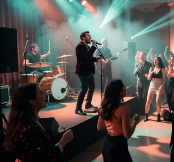 Atmosféra večerní akce v Bohema Live s barevným nasvícením a společenským děním.