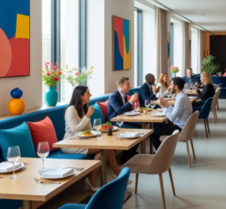 Světlý interiér restaurace Bohema Live s mladistvým designem a barevným nasvícením.