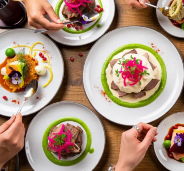 Barevně naservírované signature pokrmy restaurace Bohema Live na moderních talířích.