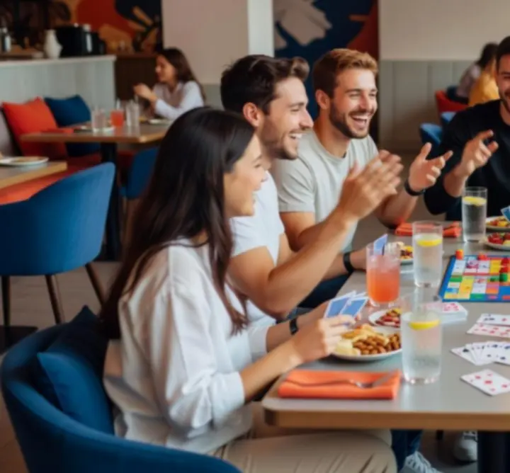 Skupina mladých lidí si užívá společenské hry v moderním lounge prostředí
